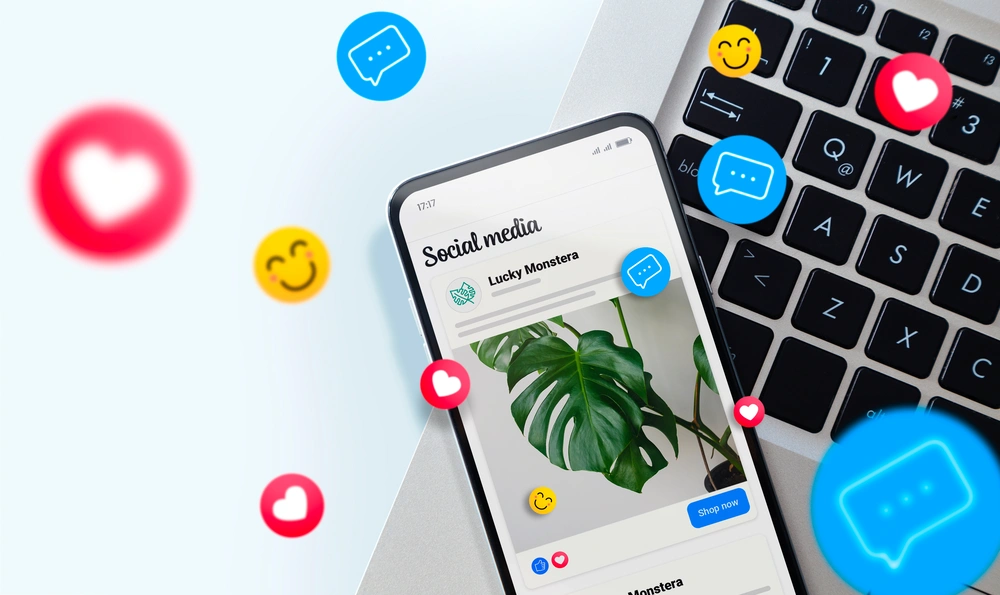 Smartphone com publicação em rede social a receber gostos e comentários, representando interacção e envolvimento do público online